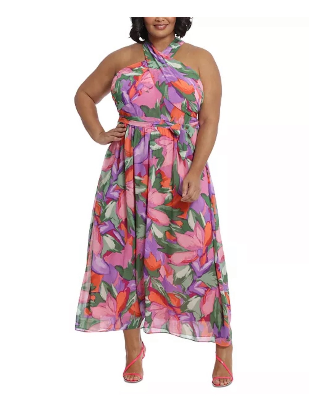 London Times Plus Size Crisscross Wrap-Neck Halter Maxi Dress floral pink purple
